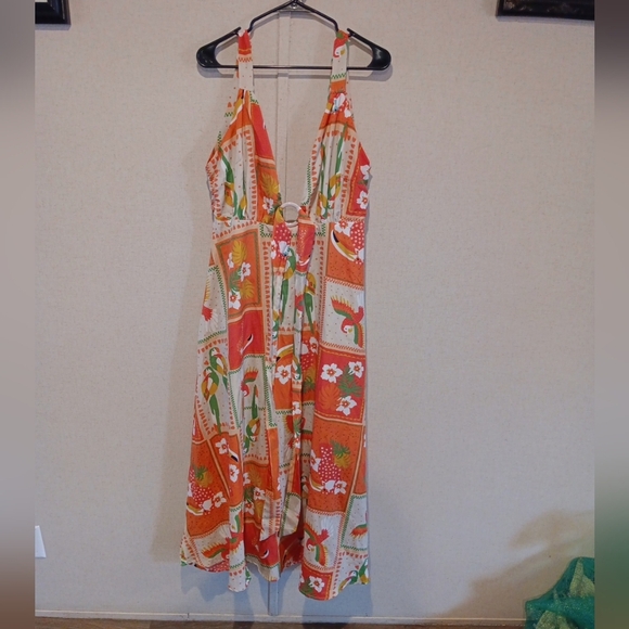 Live 4 Truth Art to Wear Parrots Vibrant Low Cut Halter Maxi Dress sz L Semi Ne - Picture 2 of 8